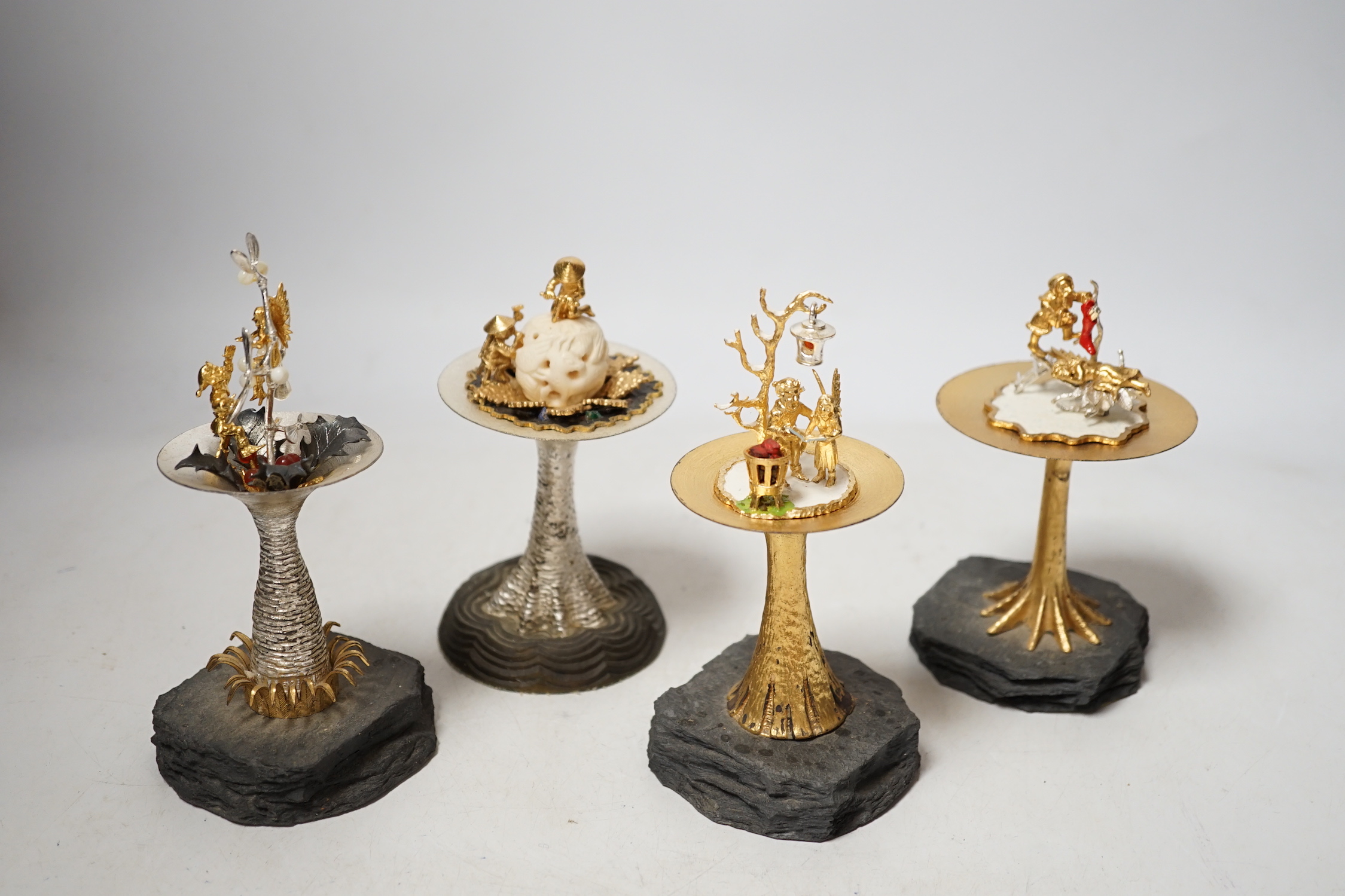 Four Elizabeth II limited edition surprise toadstools by Christopher Nigel Lawrence, opening to reveal pixies at various pursuits, London, 198 largest 15.9cm, 1981/82/83/88, two covers apparently unmarked.